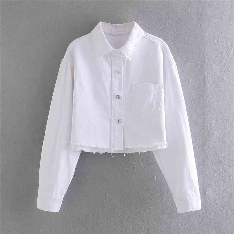 Women&#039;s Blouses & Shirts Women Cropped Denim Shirt Long Sleeve Frayed Hem Short Top Cut Out White Summer Button Up Woman Vintage