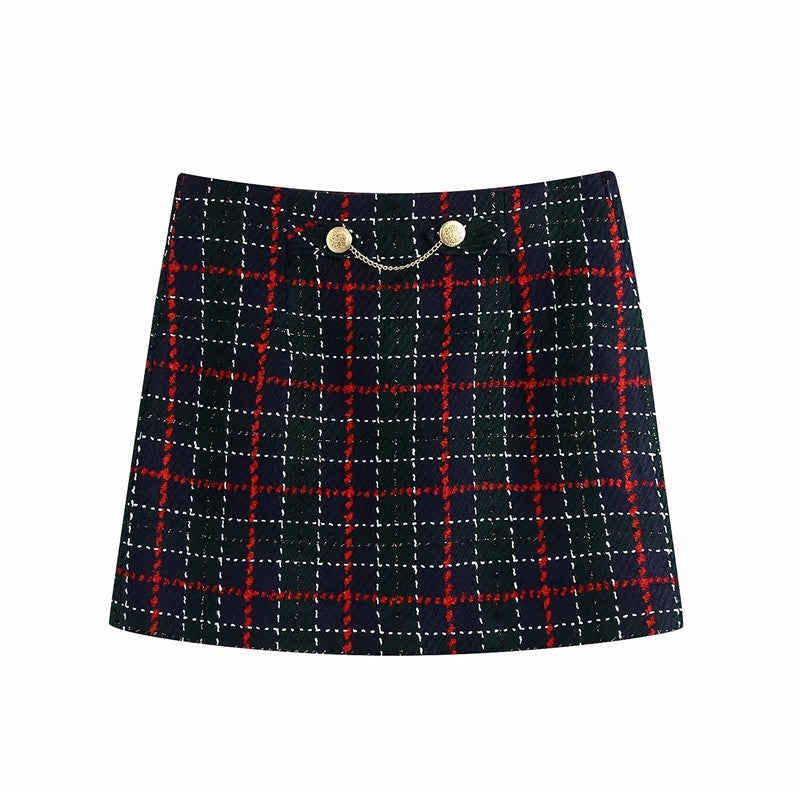 Skirts Spring Autumn Fashion Button Chain Za Plaid Mini Female Elegant High Waist Woolen Suit Short Skirt Chic Femme MVF8