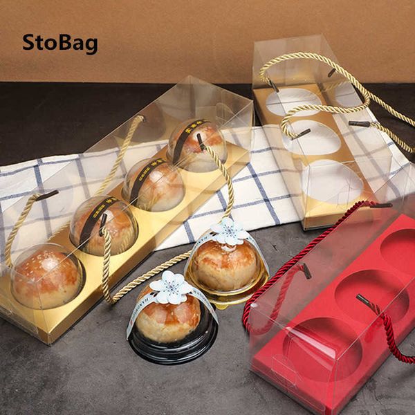 StoBag 10pcs Cup Egg Tarts Transparent Box 5 Color Handle Paper Bottom Boxes For Child DIY Handmade Gift Package Food Cake 210602