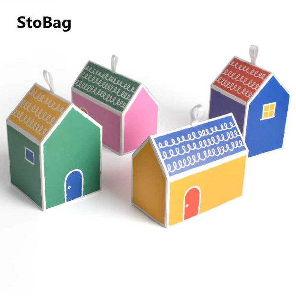 StoBag 5pcs-Lot House Shape Cookies Packaging Box Handmade Gift Candy Christmas Birthday Wedding Baby Shower Decoration 210602