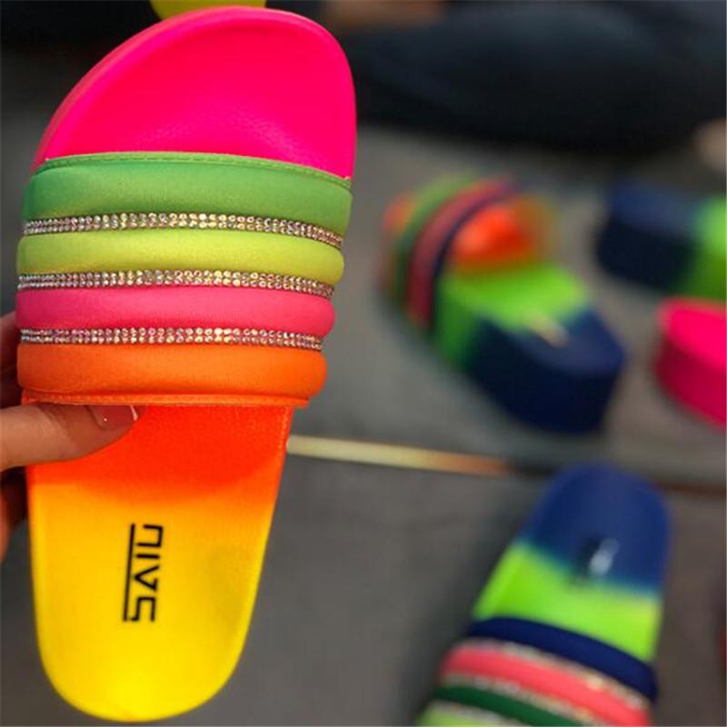 Slippers Rhinestone Rainbow Women&#039;s Summer Outdoor Platform Candy Colors Woman Sandals Large Size 41 Fashion 2021