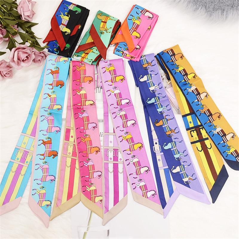 Scarves 2021 Design Women Silk Scarf Horse Print Skinny Small Handle Bag Ribbon Hair Band Tie Fashion Female Head Wrap