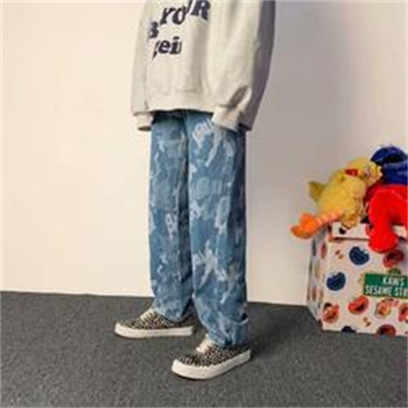 Chao brand full print jacquard embroidery camouflage jeans men&#039;s casual straight skateboarding pants in autumn and winter