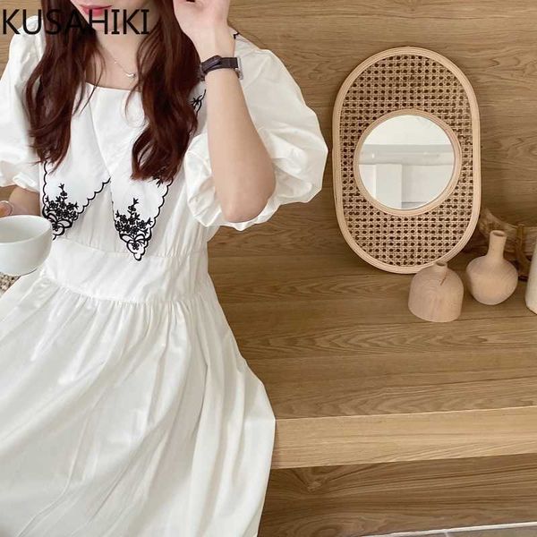 Floral Embroidery Peter Pan Collar Women Dress Korean Puff Sleeve Vestidos Femme Slim High Wiast A-line Dresses 6F975 210603