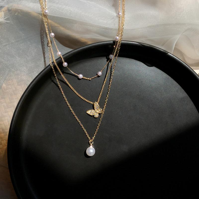 Pendant Necklaces Trendy Multilayered Butterfly Pearl Chain Necklace For Women Fashion Gold Choker 2021 Trend Jewelry Gift