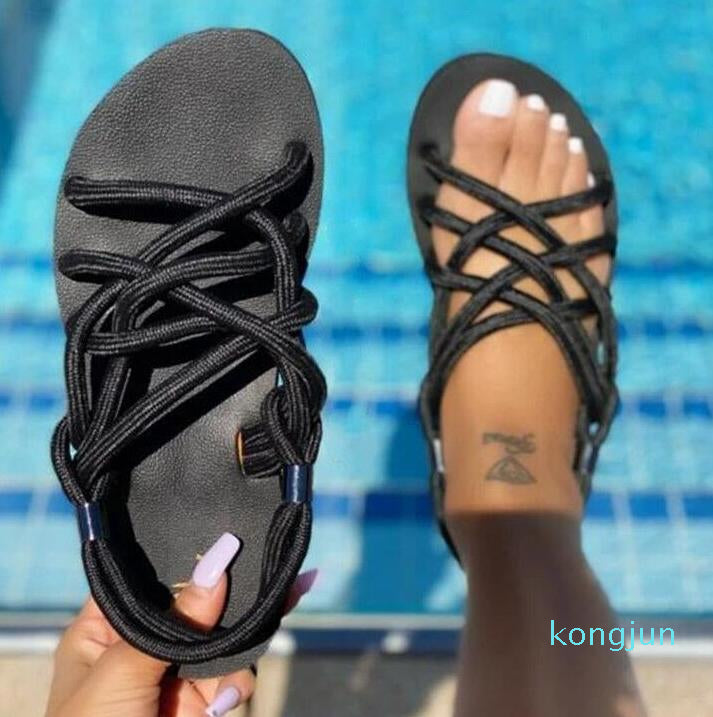 Designer- Sandals summer plain color flat shoes for women with rope beach 5 colors