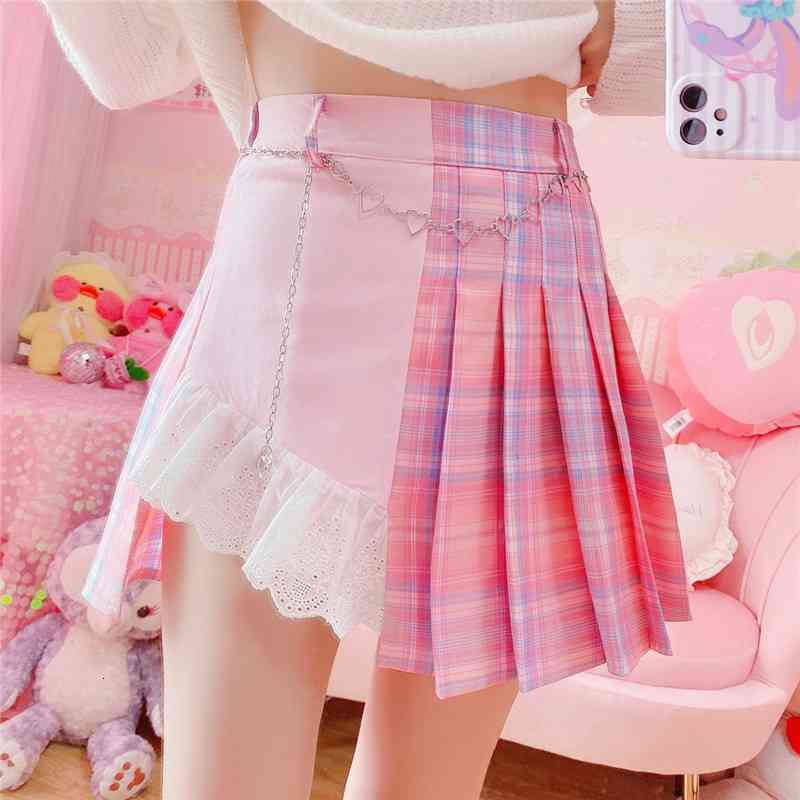 Skirts Harajuku Kawaii Pink Plaid Mini Skirt Women Gothic High Waist Lolita Cosplay Cute Lace Vintage School Girl Fashion Short 1C