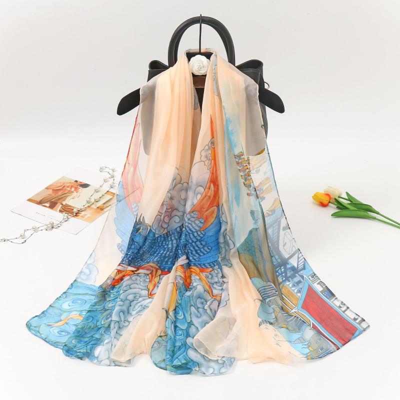 Scarves High Quality Luxury Designer Woman Long Silk Scarf Shawl Beach Travel Ethnic Style Ladies Hijab Wrap Sun Protection Outdoor