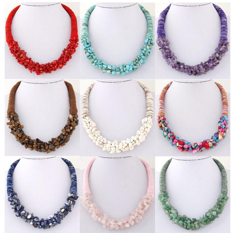 Chokers Stone Necklace-Braided Rope Crushed Crystal Short Necklace Bohemia Retro National Style For Europe And America