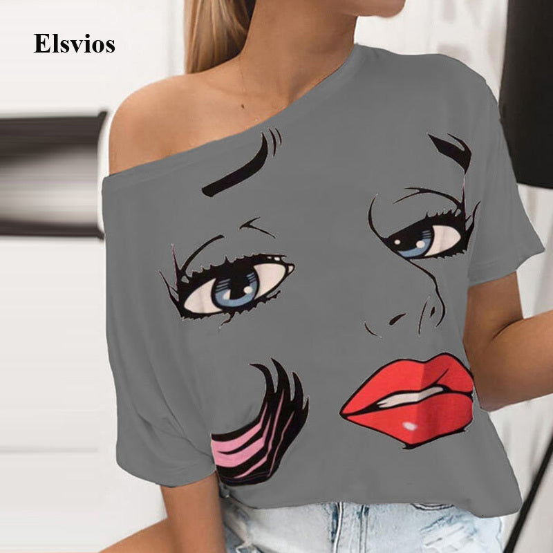 Women&#039;s Blouses & Shirts Spring Abstract Face Print Loose Shirt Blouse Casual Women Off Shouler Harajuku Tops Summer Short Sleeve