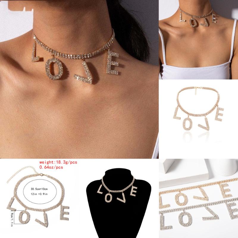 Luxury Crystal Love Letter Choker Necklace For Women Collar Femme Statement Punk Rhinestone Chain Couple Gothic Jewelry Pendant Necklaces