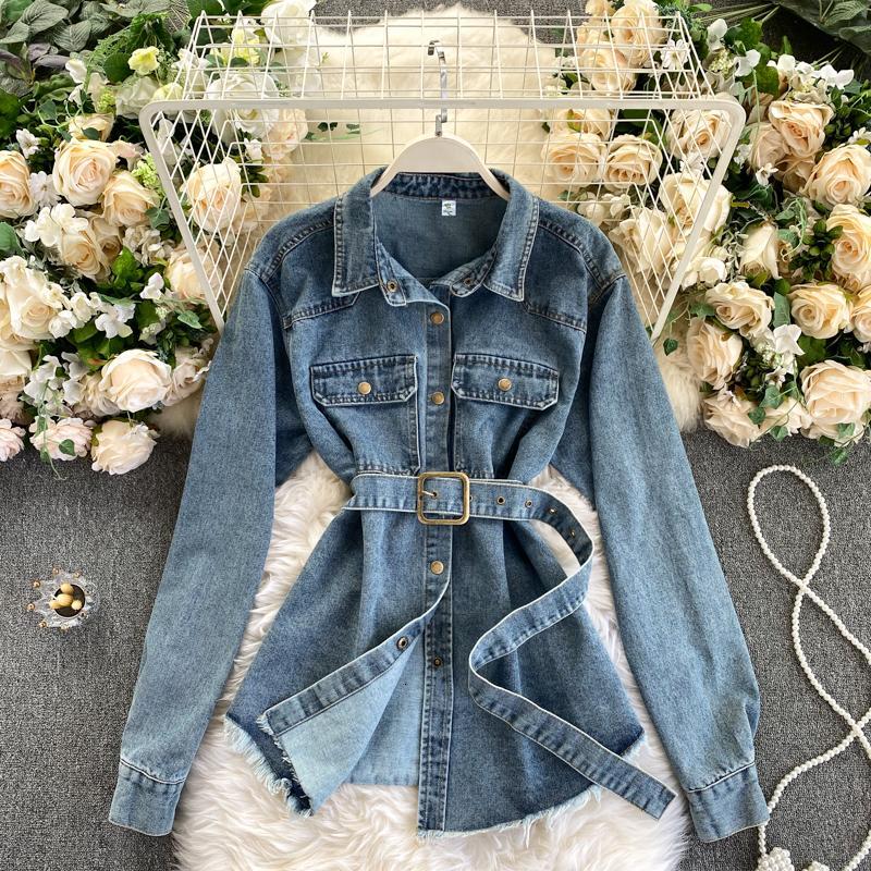 Women&#039;s Blouses & Shirts womens designers clothes Casual Belted Waist Medium Long Denim Shirt Women All-match Pockets Autumn Winte