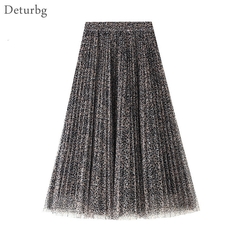 Casual Dresses Women&#039;s Vintage Leopard Pattern Midi Skirt Korean High Waist Pleated 3 Layer Mesh Slim Tulle Skirts Saias 2021 Spri