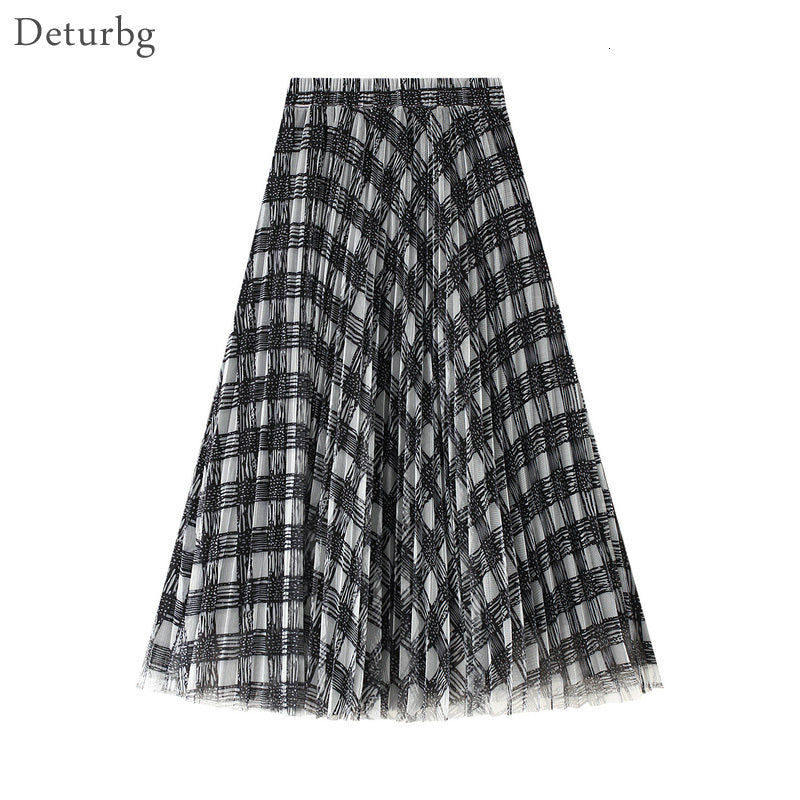 Casual Dresses Women&#039;s Elegant Plaid Pattern Tulle Skirt Korean Female High Waist 3 Layers Black Mesh Midi Long Skirts Autumn Wint