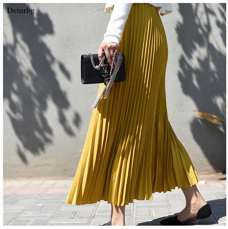 Casual Dresses Womens Vintage Pleated Midi Long Skirt Female Korean High Waist Chiffon Skirts Jupe Faldas 18 Colors Autumn SK397 F