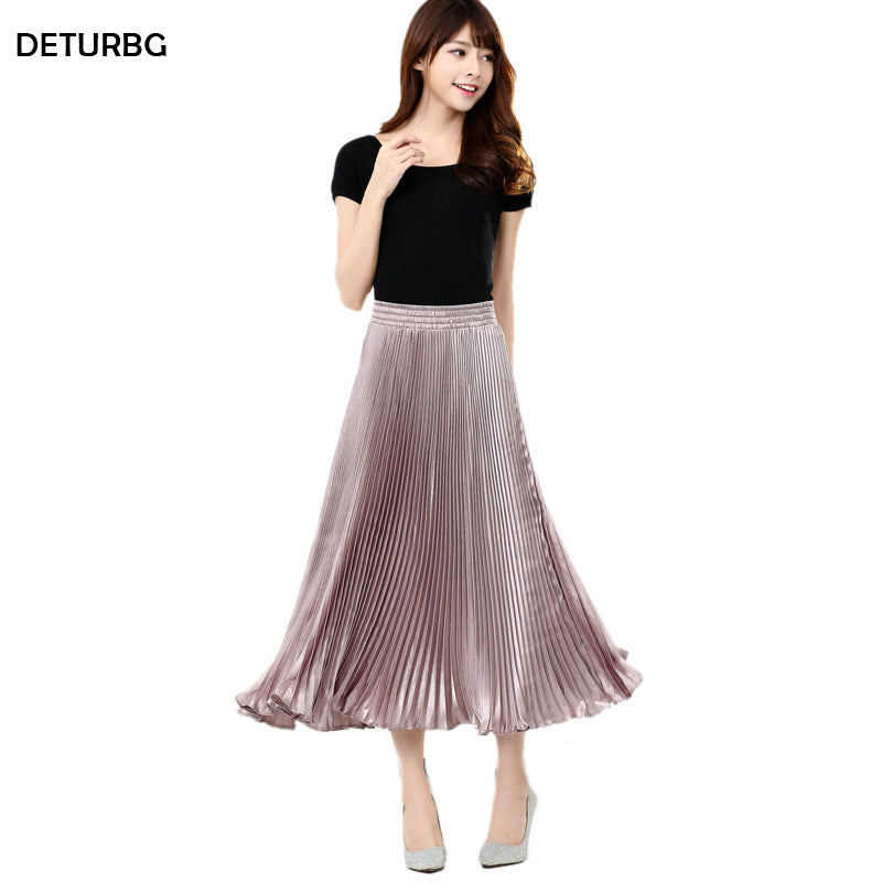 Casual Dresses Women Fashion Pleated Midi Long Skirt Female Korean High Waist Satin Skirts Shiny Jupe Faldas 17 Colors Spring SK50
