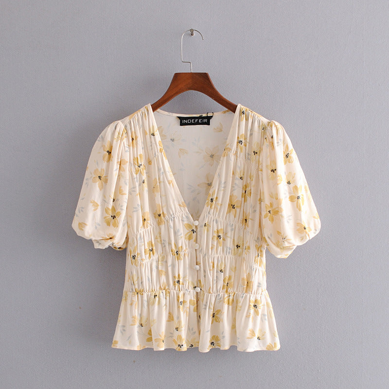 Casual Dresses Floral Print Tops Fashion Blouses Women Spring Summer V-Neck Button Vintage Frence Style Sleeve Bohemian Blouse Shirts XY4A