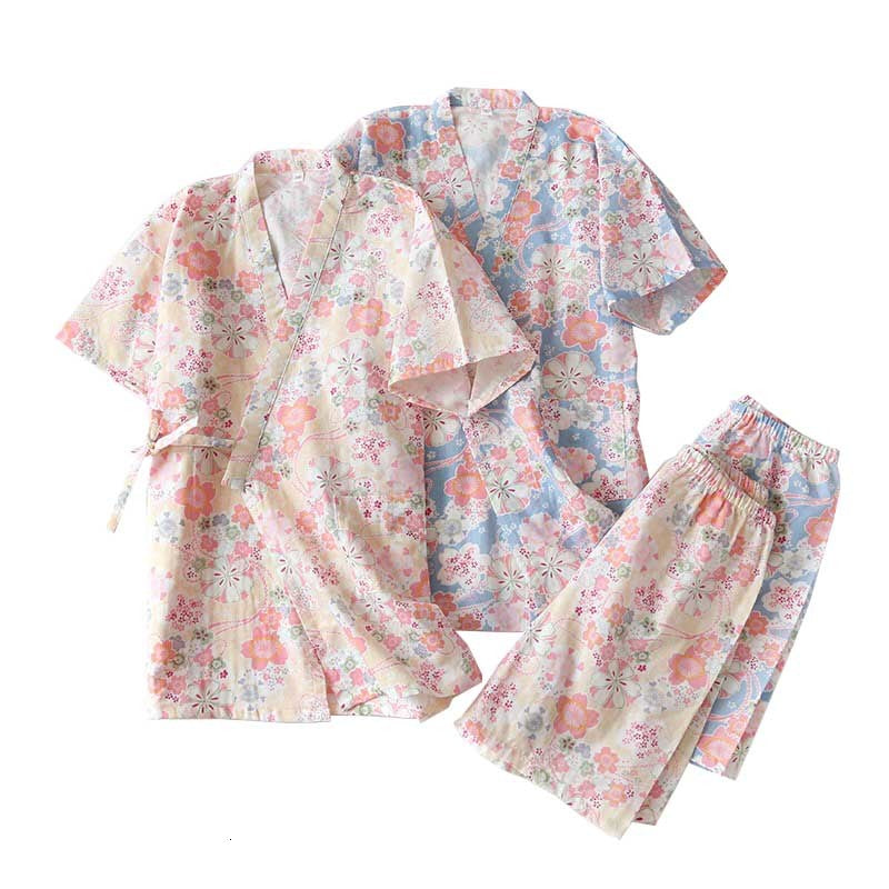 Women&#039;s Sleepwear Summer New Ladies Japanese Kinomo Style Pajamas Set Sweet Floral Printed Women Comfort Thin Cotton Loose Homewea