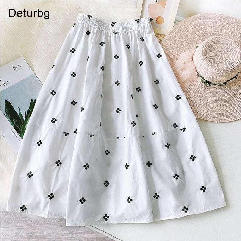 Casual Dresses Women&#039;s Brief Floral Embroidery Midi Skirt Korean Female High Waist Cotton White A-Line Skirts Faldas 2021 Summer S