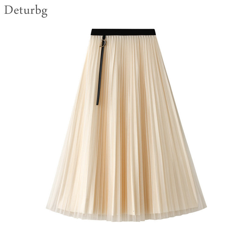 Casual Dresses Women&#039;s Elegant Reversible Wear Midi Skirt With Letter Ornaments Korean Female High Waist Pleated Tulle Skirts 2021