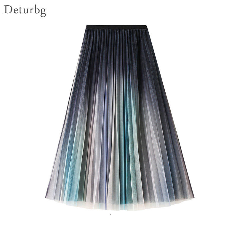 Casual Dresses Women&#039;s Fashion Gradient Mesh Midi Long Skirt Korean Female High Waist 3 Layers A-Line Skirts Saias 2021 Spring Sk7