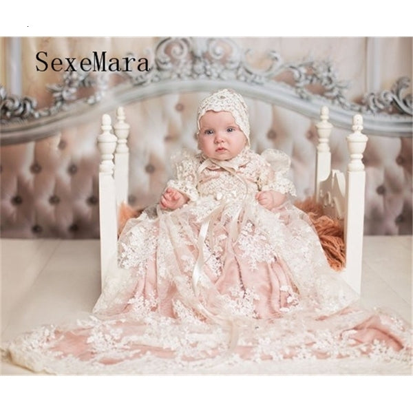 Girl&#039;s Dresses New Baby Girls Christening Baptism Dress Infant Toddler Clothes Lace Applique Blush Heirloom Gown set with Headpiece 1026