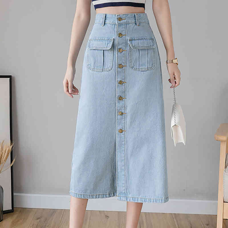 Casual Dresses Single-Breasted Slit High Waist Denim Skirt Women Mid-Calf A-Line Solid Blue Spring Korean Fashion Skirts Pockets
