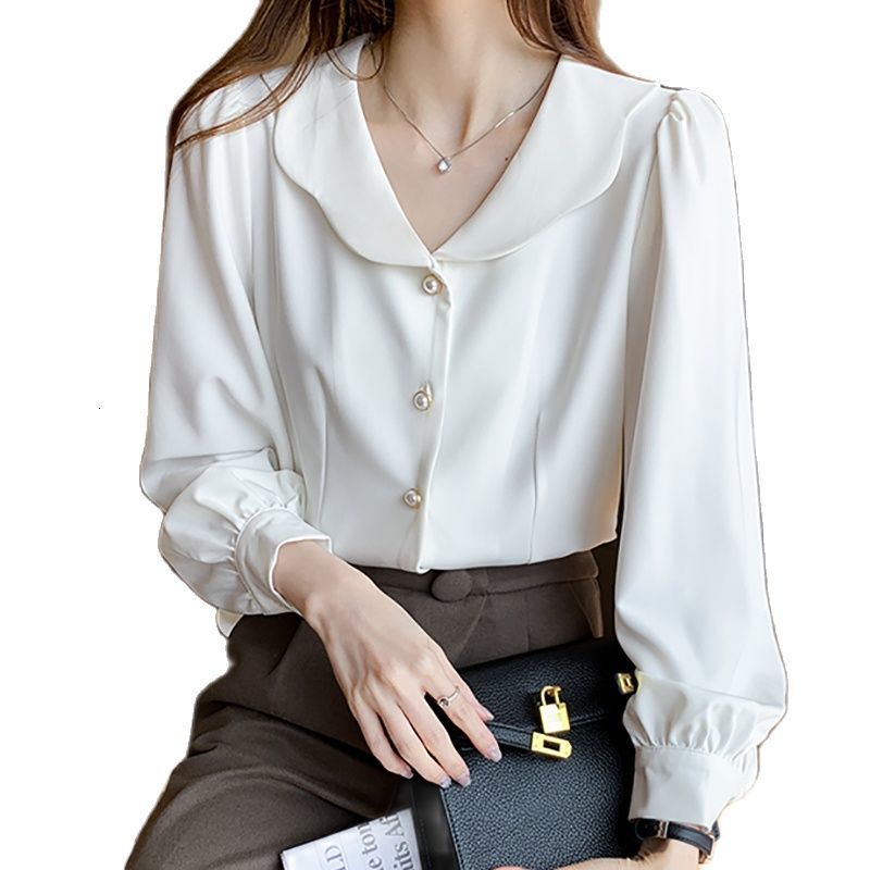 Women&#039;s Blouses & Shirts Peter Pan Collar White Shirt Women Summer Tops Long Sleeve Casual Woman Clothes Button Chiffon Blouse Ch