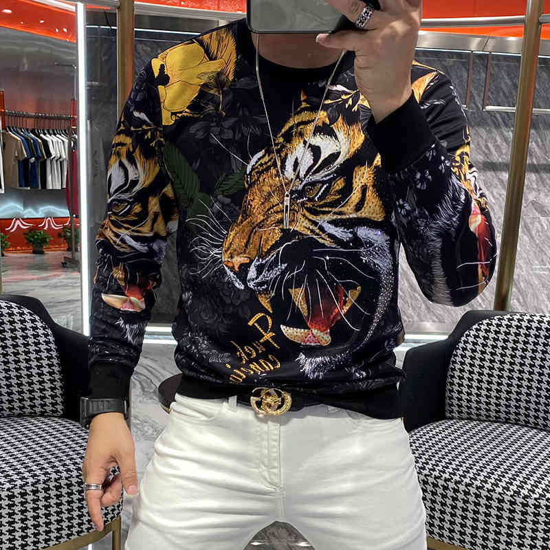 Men&#039;s Hoodies & Sweatshirts t Luxury Long-sleeved Homme Long Male Trend High Quality Shirt Mark Heavy Fashion Drill Tiger Head Tshirt Men IT4P