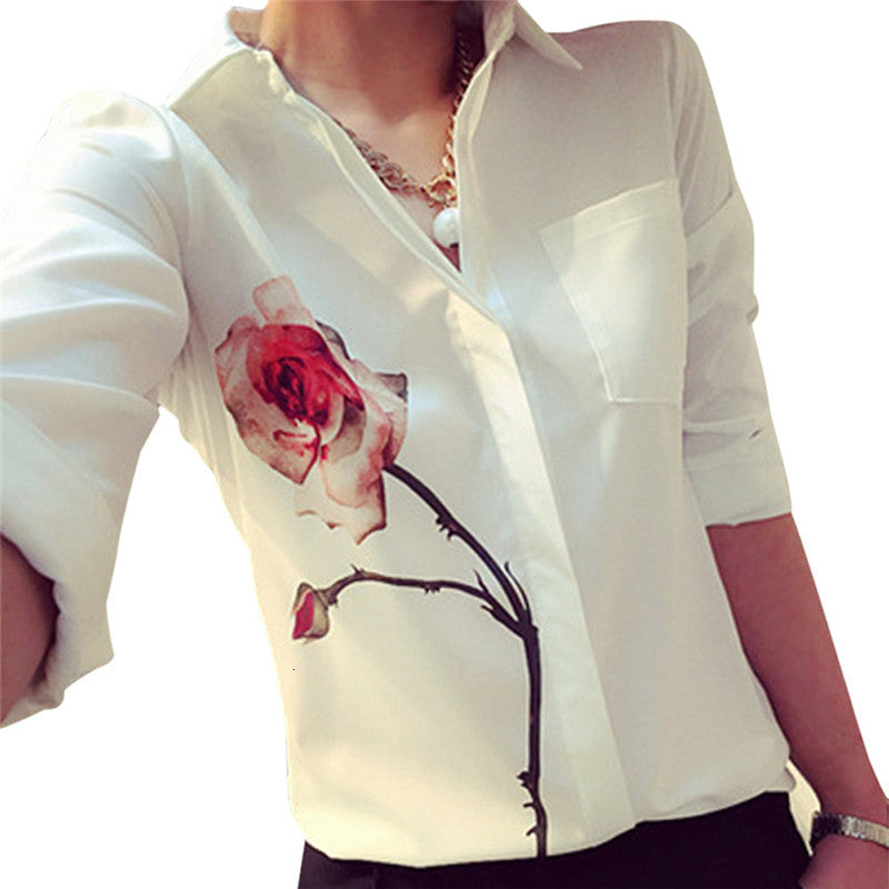 Women&#039;s Blouses & Gtpdpllt Autumn Rose Flower Printed Long Sleeve Blouse Turn Down Collar Chiffon Shirts White Women Clothes