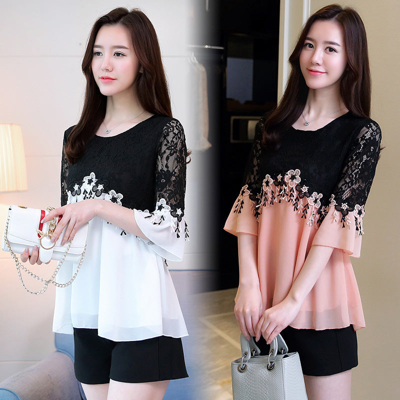 Women&#039;s T-Shirt Plus size woman blouses Summer Chiffon Blouse Cotton Ee Lace Bell sleeve Women Shirt tops