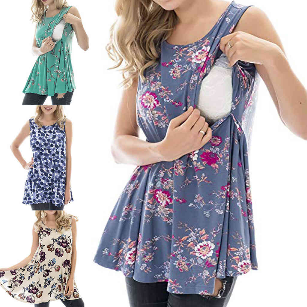 Women&#039;s T-Shirt Ptint Maternity Nursing Shirt Summer Blue Breastfeeding Tanks For Pregnant Women Pregnancy Nurse Wear Tops Tee Clothing