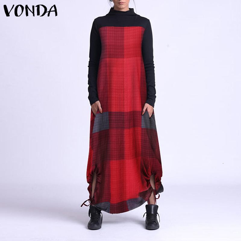Women&#039;s Blouses & Shirts VONDA 2021 Casual Long Sleeve Baggy Dresses Kaftan Check Dress Women Autumn Sundress Female High Neck Pla