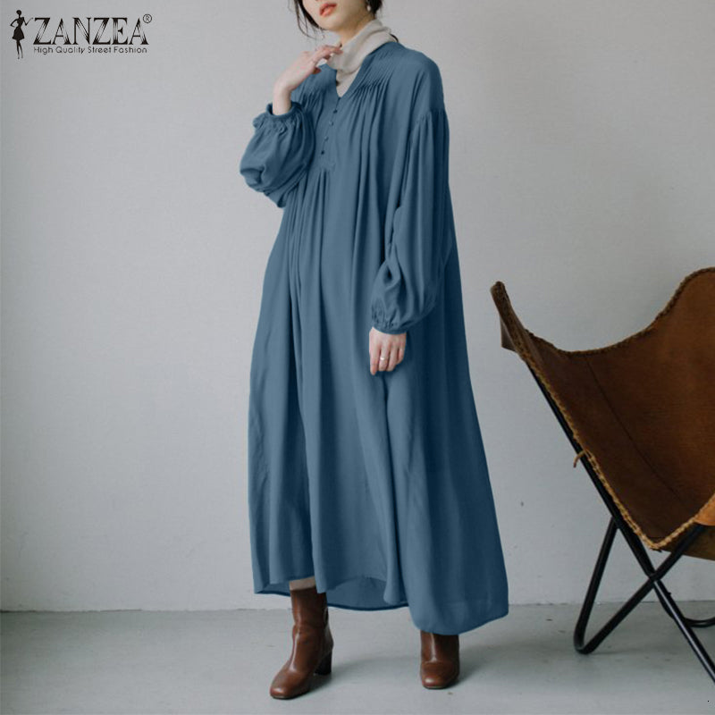 Women&#039;s Blouses & Shirts Fashion Casual Puff Sleeve Sundress Button Dresses Solid Long Maxi Dress Female V Neck Pleated Robe ZANZE