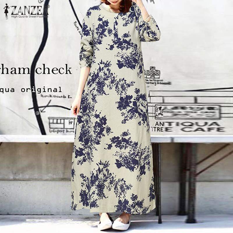 Women&#039;s Blouses & Shirts Autumn Women Sundress ZANZEA Vintage Floral Printed Long Dress Bohemian Party Cotton Linen Vestido Robe F