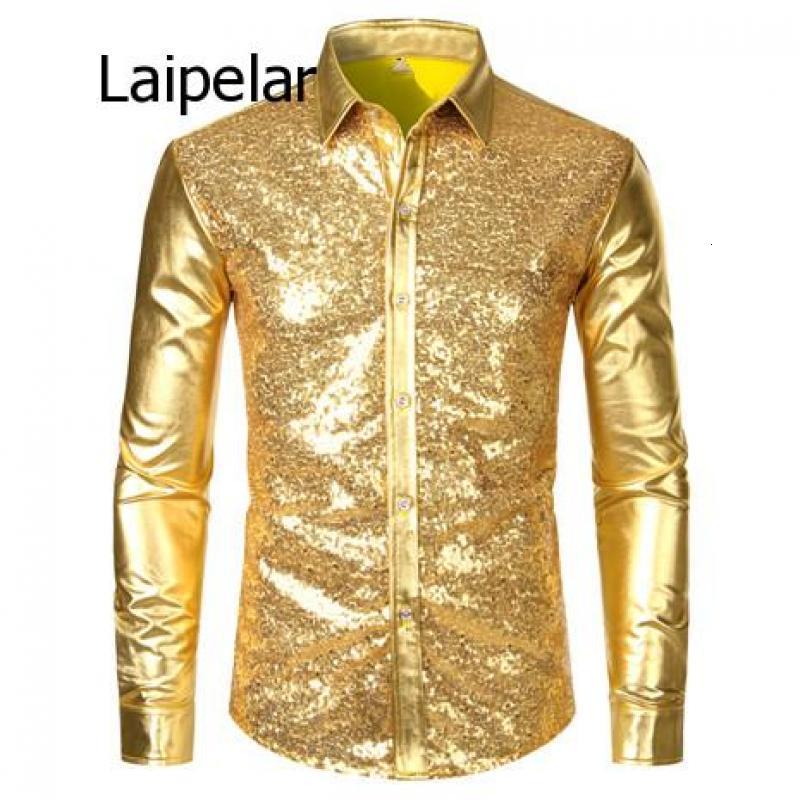 Men&#039;s Casual Shirts Black Sequin Glitter Dress Men Shiny Long Sleeve Button Down 70S Disco Party Dance Shirt Male Christmas Halloween Costume