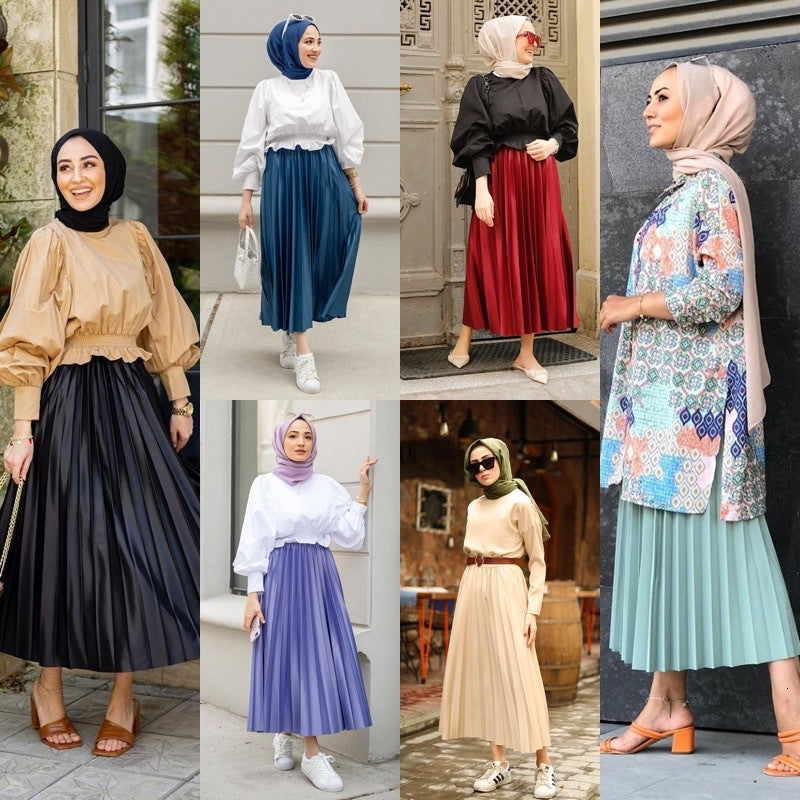 Casual Dresses Muslim Dress Women Pencil Long Skirt High Waist Pleated Skirts Turkey Islamic Clothing Faldas Mujer Moda Jupe Longu