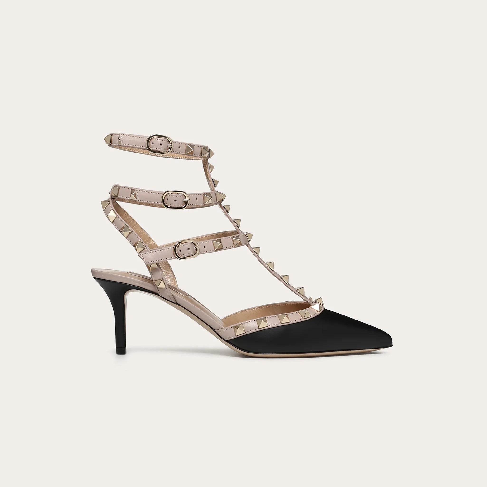 The 100% Same As Rockstud Caged 1:1 Leather Pumps 65mm Color Black And Poudre