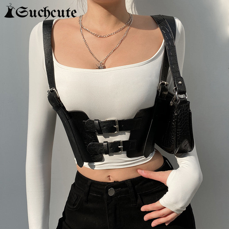Women&#039;s Tanks & Camis Goth Aesthetic Buckle Black Crop Tops Dark Academia Fashion PU Leather Corset Punk Style Gothic Clothes UF6S