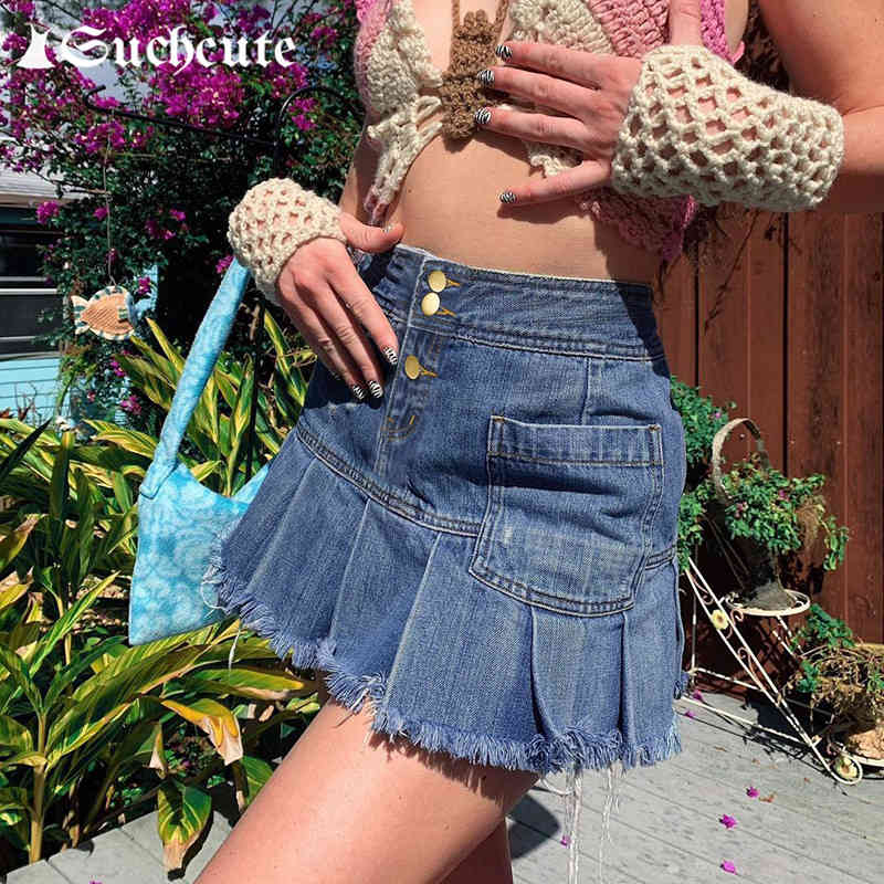 Casual Dresses Streetwear High Waisted Denim Mini Skirts Summer Gothic Jeans Pleated For Women Harajuku Basic Female 8HCU