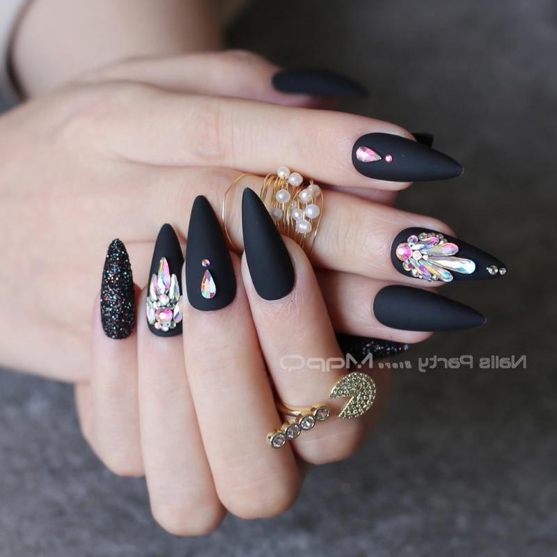 Long Stiletto red Fake nails crystal false nails golden glitter full set custom Salon press on box 24pcs