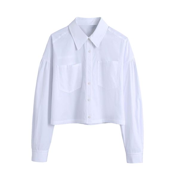 Elegant Women Turn Down Collar Shirts Fashion Ladies Pocket Shorts Tops Streetwear Female Chic White Blouses 210430