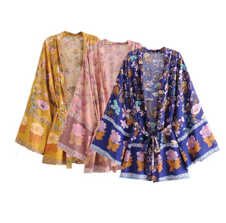 Women&#039;s Blouses & Shirts 3 Color Women Floral Print Bohemian Long Kimono Cardigan Spring Summer Sashes Top Flare Sleeve Casual Bea