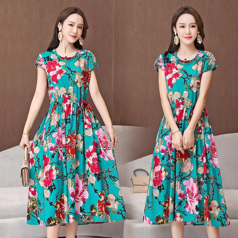 Summer Women Print Casual Dresses Short Sleeve Middle-Aged Loose Vintage O-Neck Plus Size Plaid Skirts