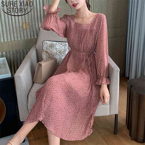 A-line High Waist Pleated Dress with Belt Elegant Women Chiffon Dot Print Autumn French Square Collar Vestidos 11183 210506