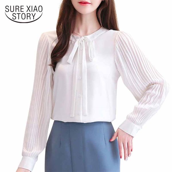 autumn Long Sleeve Chiffon White blouse fashion Women&#039;s Blouse Casual Solid Bow collar Women Shirts Blusas Mujer 5420 50 210506