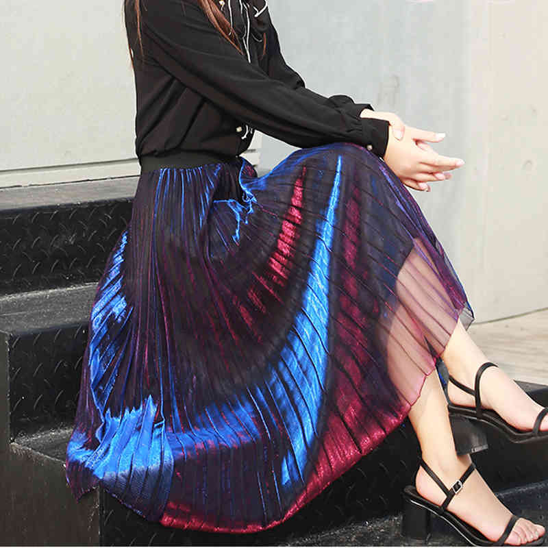 Skirts Novelty Fashion Metallic Changeable Color Gauze Mesh Long Pleated Elastic Waist Below Knee A-line KB45