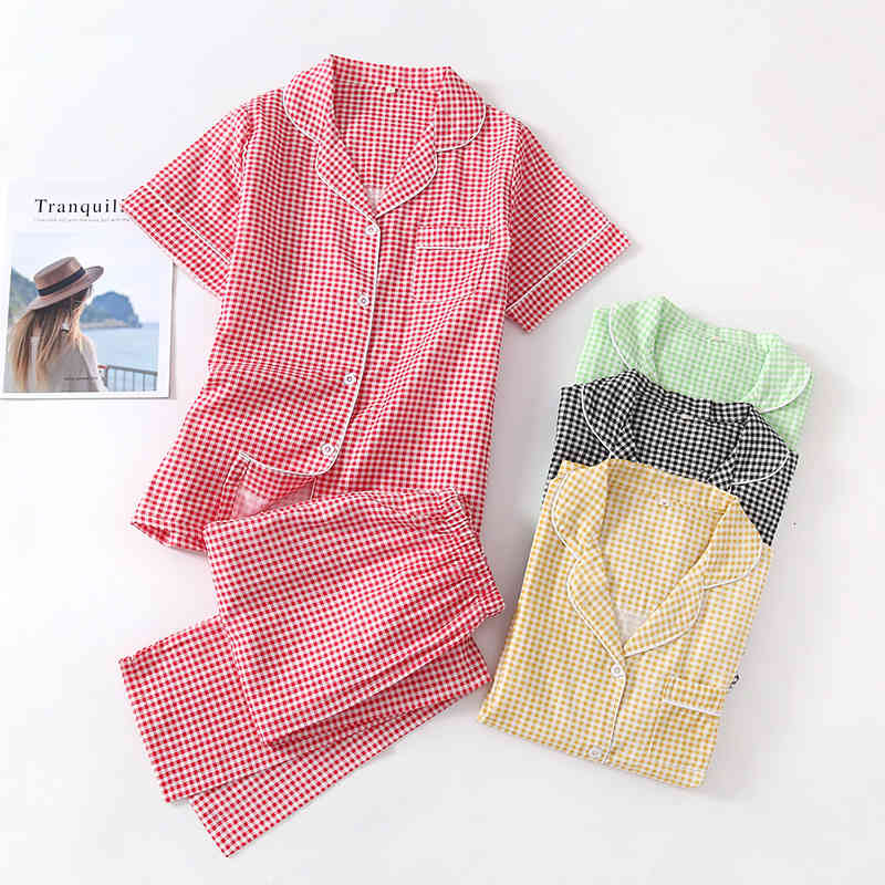 Women&#039;s Sleepwear 100% Cotton Women Pajamas Set Casual Plaid Home Pyjama Femme Japanese style Fashion Pjs 91Q5