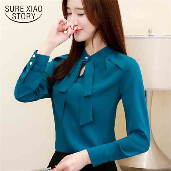 Fashion woman blouses spring chiffon shirt bow collar office women plus size long sleeve shirts 2236 50 210506