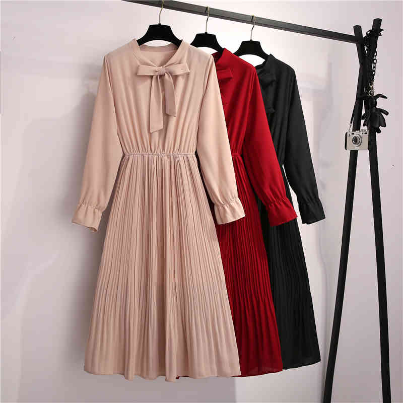Casual Dresses Elegant Women A-Line Party Dress Spring Autumn Bow Collar Long Sleeve Ladies Office Plus Size 3XL Vestidos 01CA